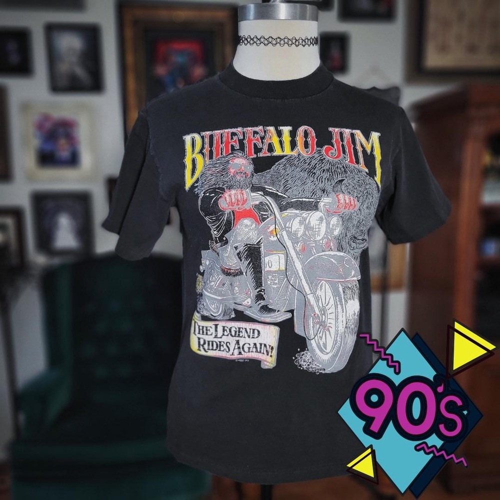 Vintage 1993 Buffalo‎ Jim Biker Graphic T Shirt Single Stitch Oneita USA Small